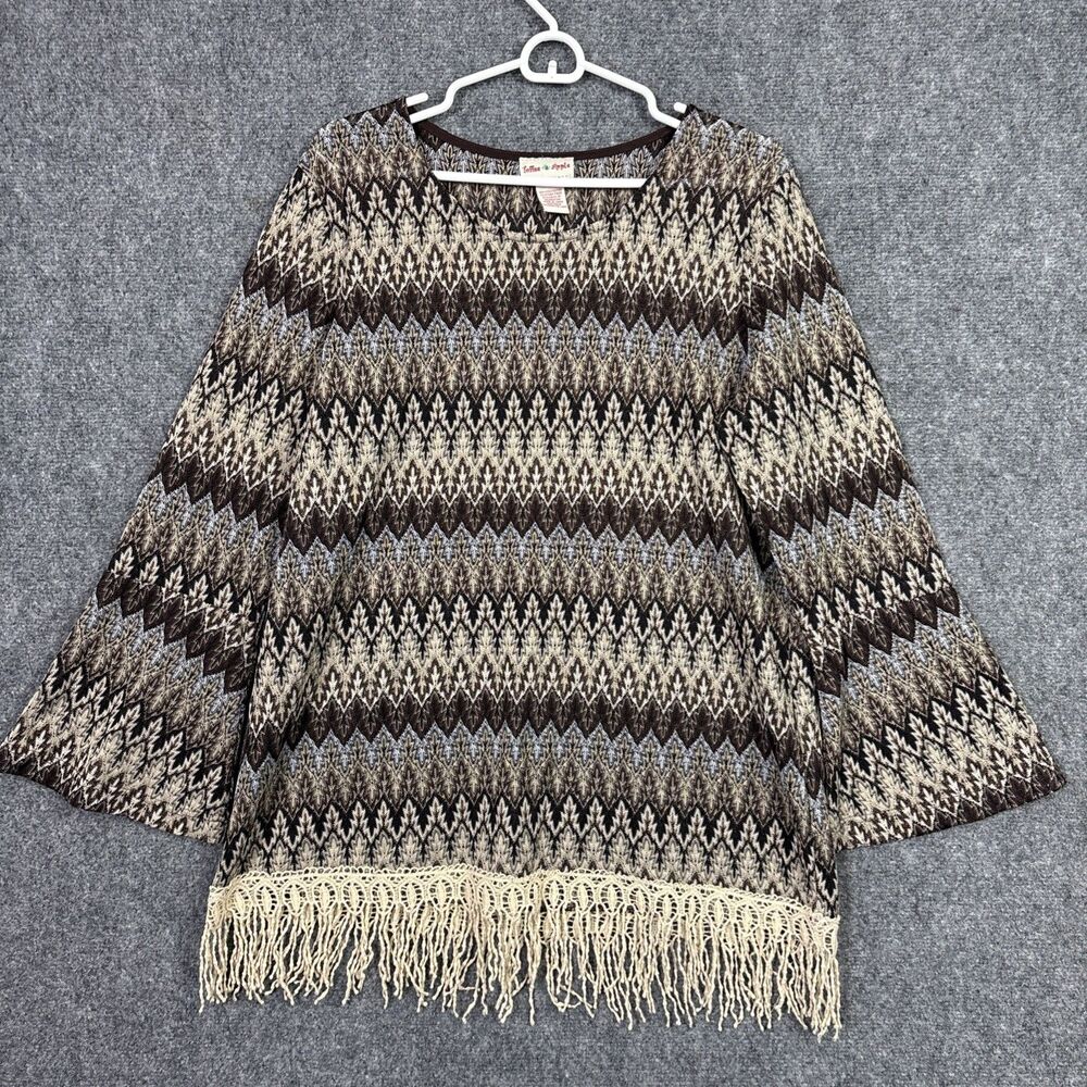 Toffee Apple Top Blouse  Womens Size L Brown Crochet Fringe Artsy Boho